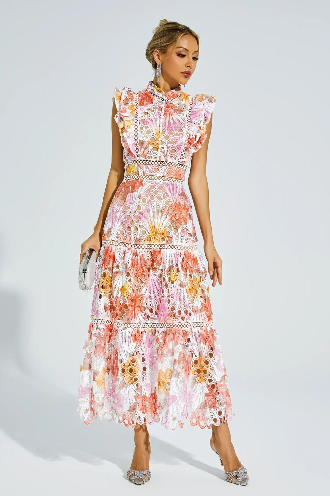 Paula - Sleeveless midi dress with eyelet/broderie anglaise/cutwork detailing