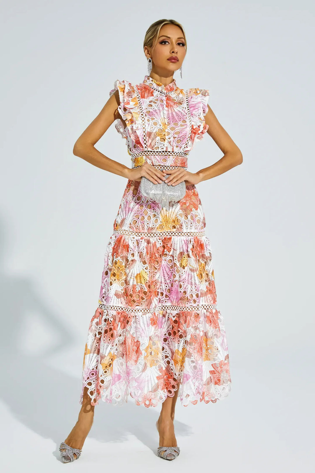 Paula - Sleeveless midi dress with eyelet/broderie anglaise/cutwork detailing