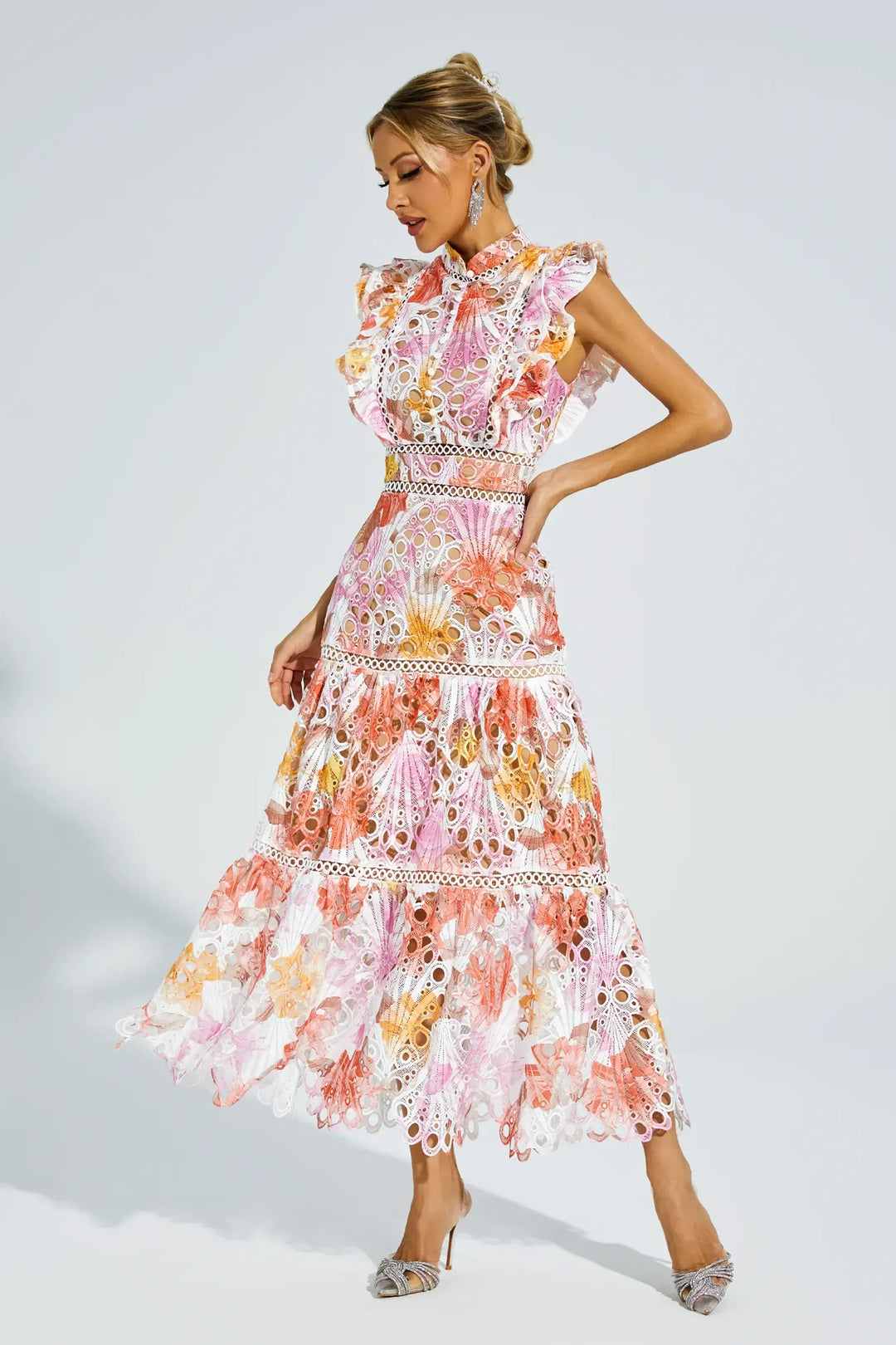 Paula - Sleeveless midi dress with eyelet/broderie anglaise/cutwork detailing