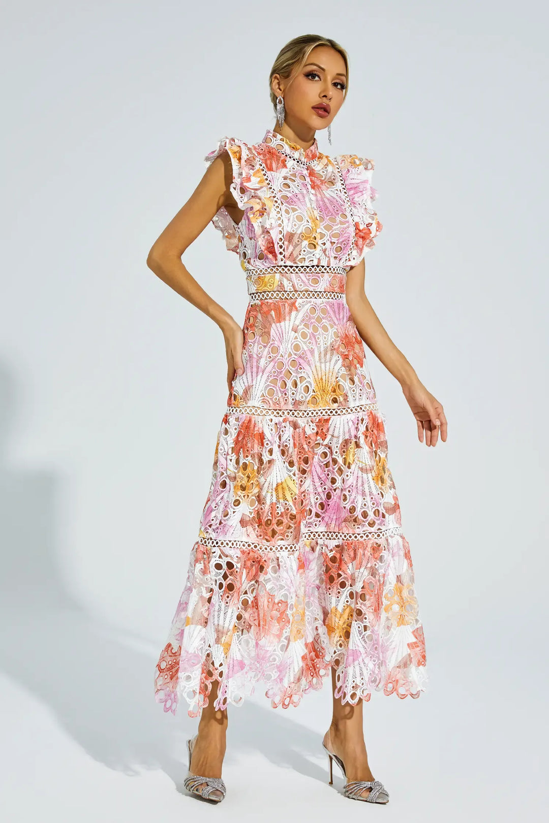 Paula - Sleeveless midi dress with eyelet/broderie anglaise/cutwork detailing