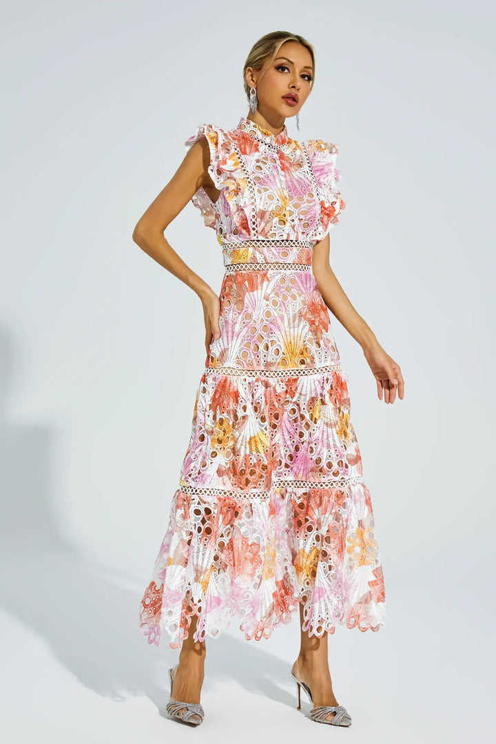 Paula - Sleeveless midi dress with eyelet/broderie anglaise/cutwork detailing